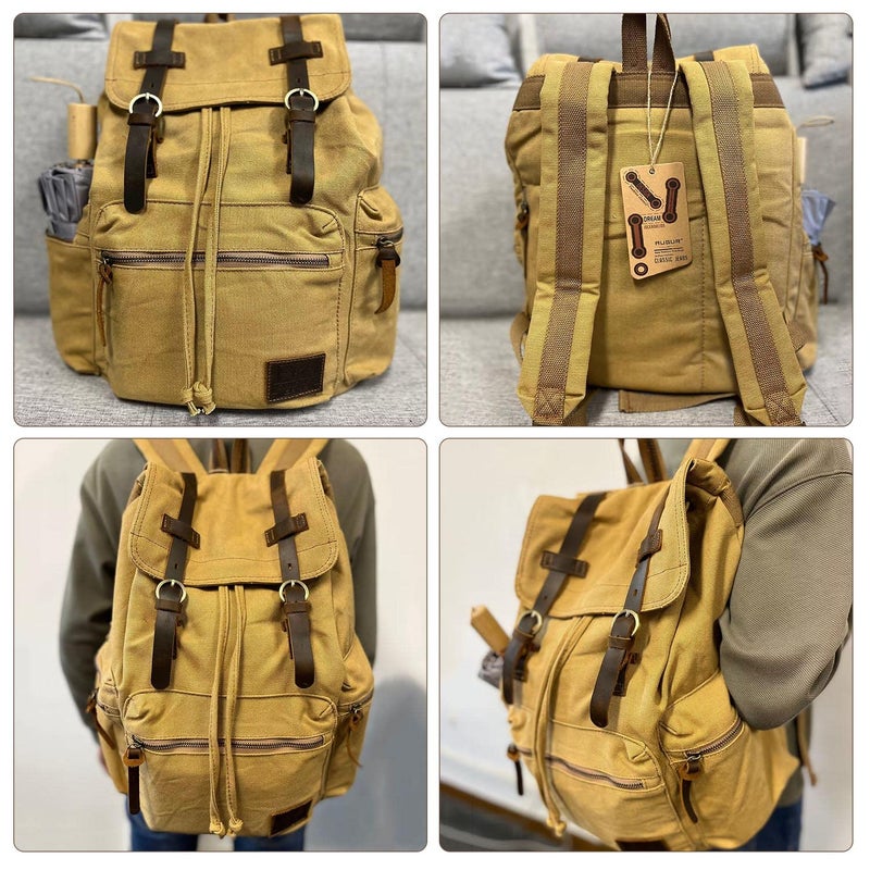 AUGUR High Capacity Canvas Vintage Backpack - for School Travel 12-15" Laptop Backapcks for Men Casual Daypacks Rucksack (M-Khaki) - Image 5